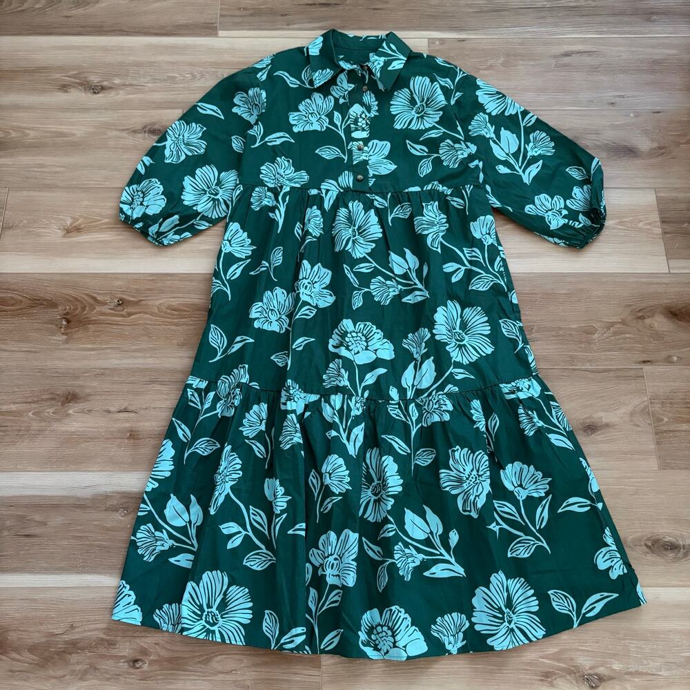 Anthropologie PETITE Bettina Tiered Shirt Dress Green Floral XS Petite